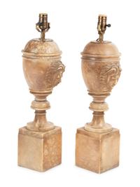 A Pair of Italian Alabaster Urns Mounted as Lamps with Silk Shades
