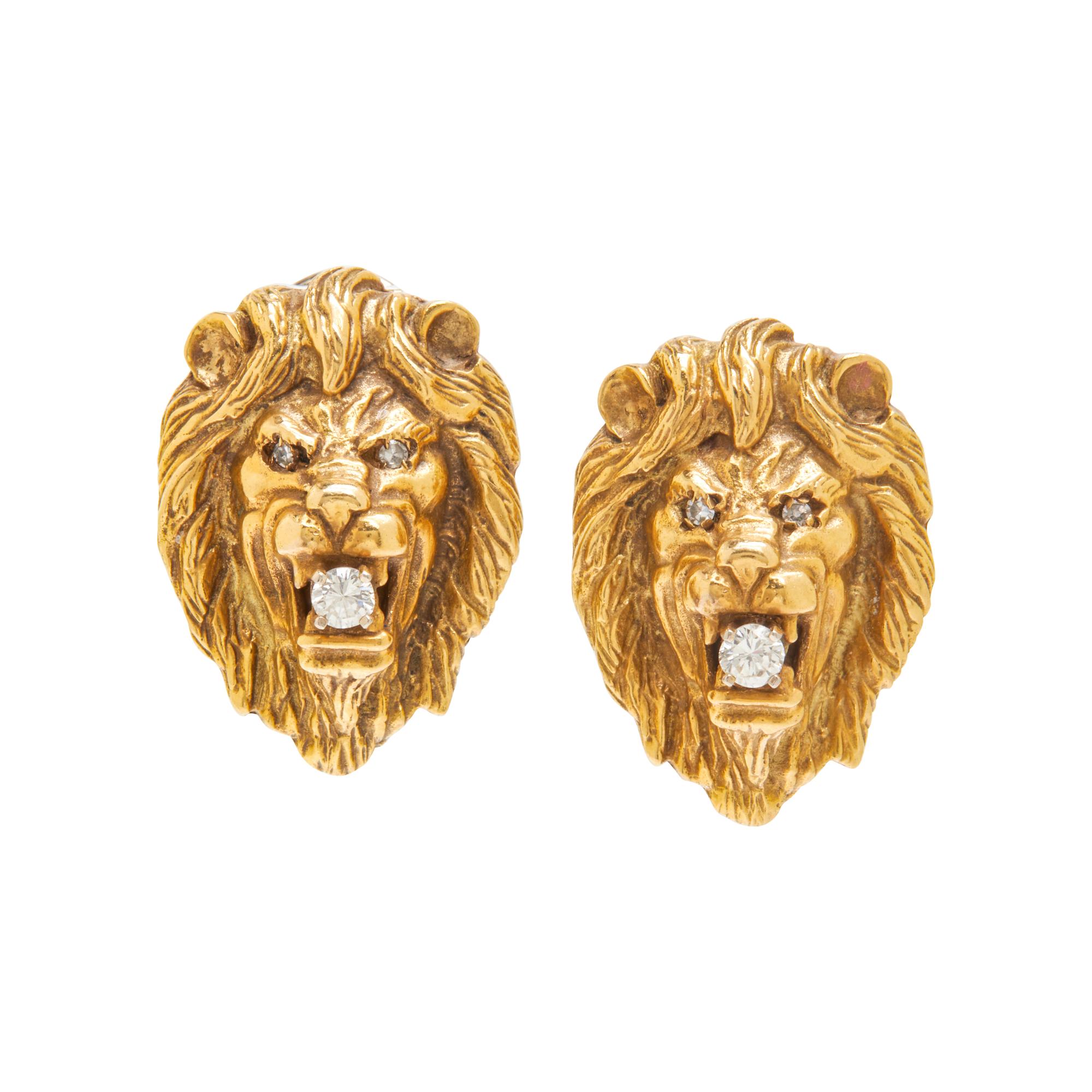 YELLOW GOLD AND DIAMOND LION CLIP EARRINGS