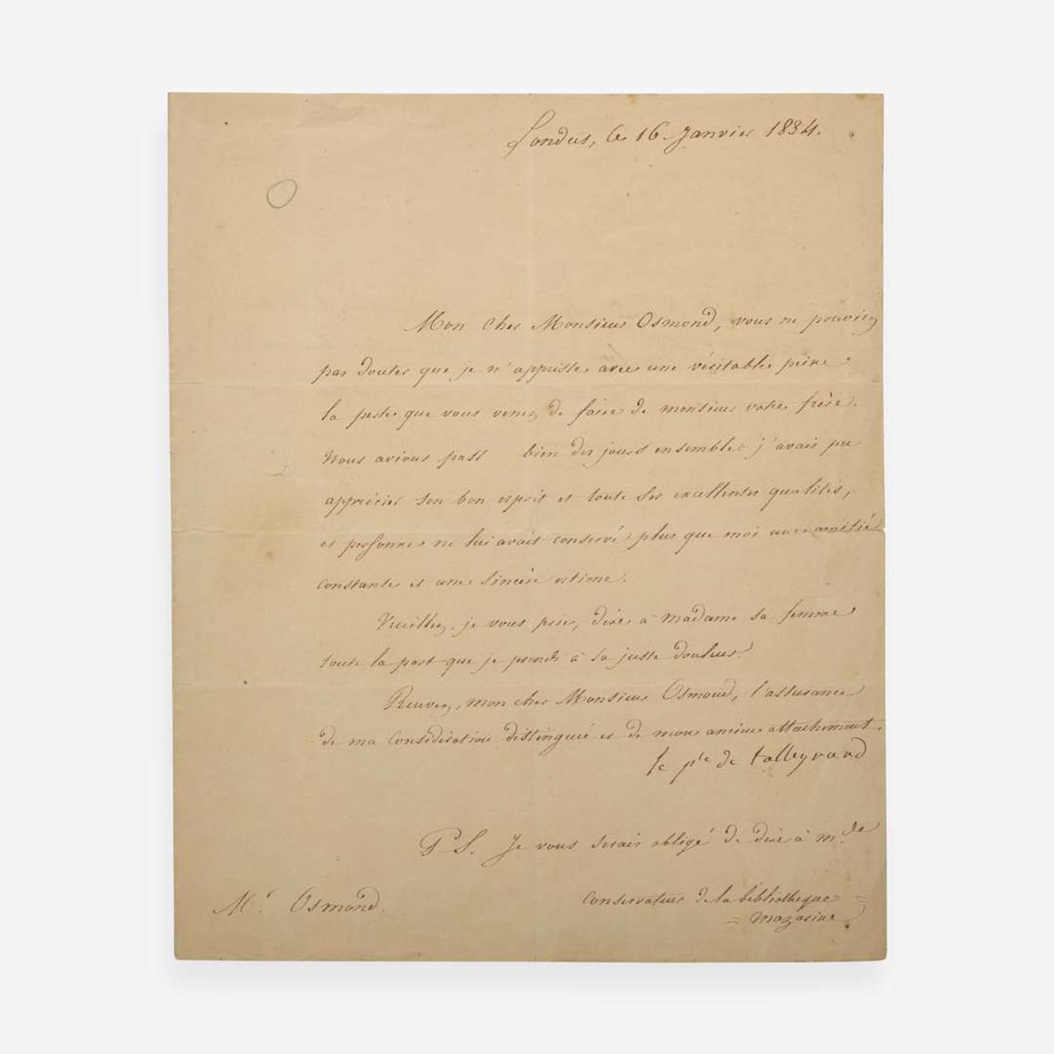[Bonaparte, Napoleon] Talleyrand-Perigord, Charles Maurice de Manuscript Letter, signed
