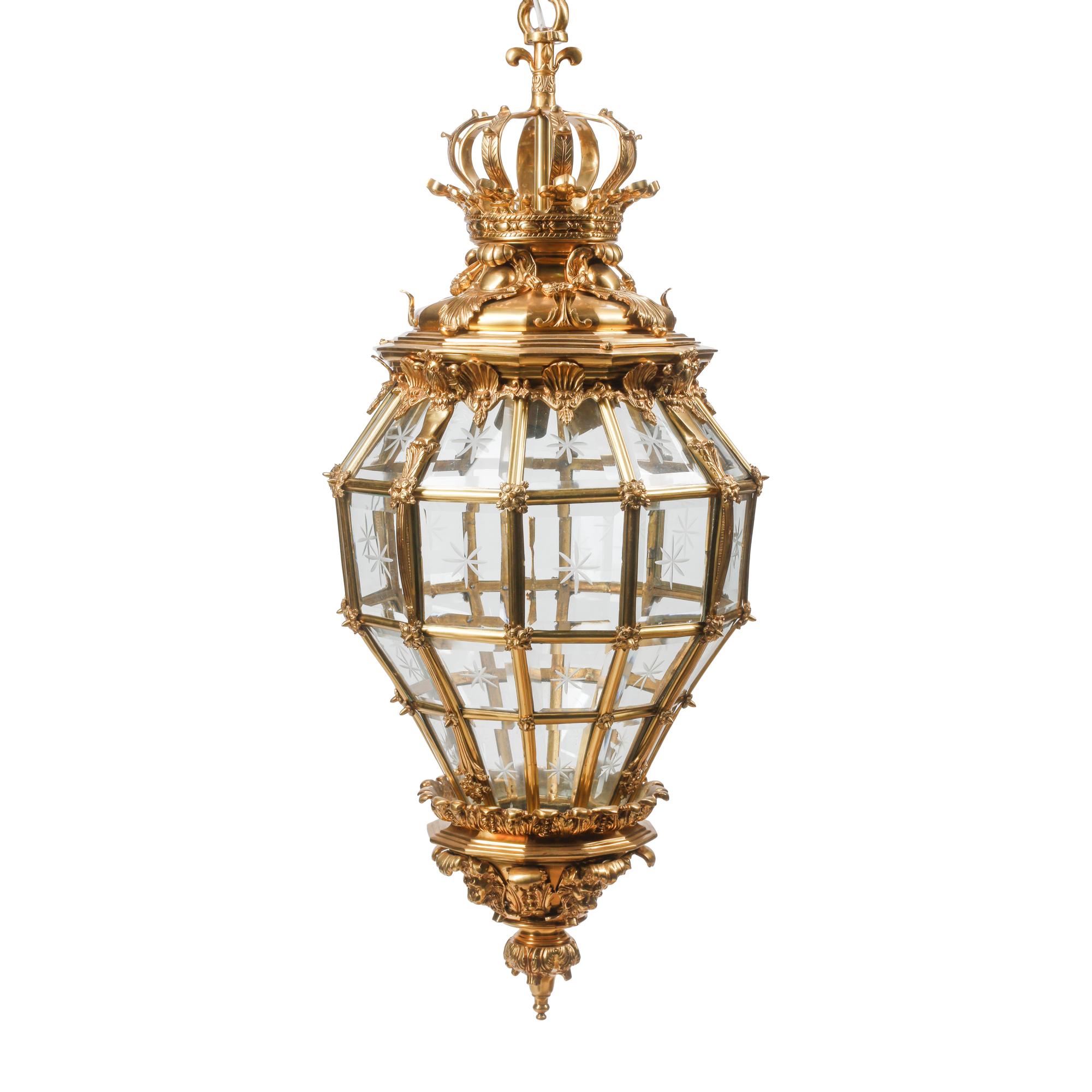 A Pair of French Neoclassical Style Gilt Bronze and Etched Glass Hall Lanterns