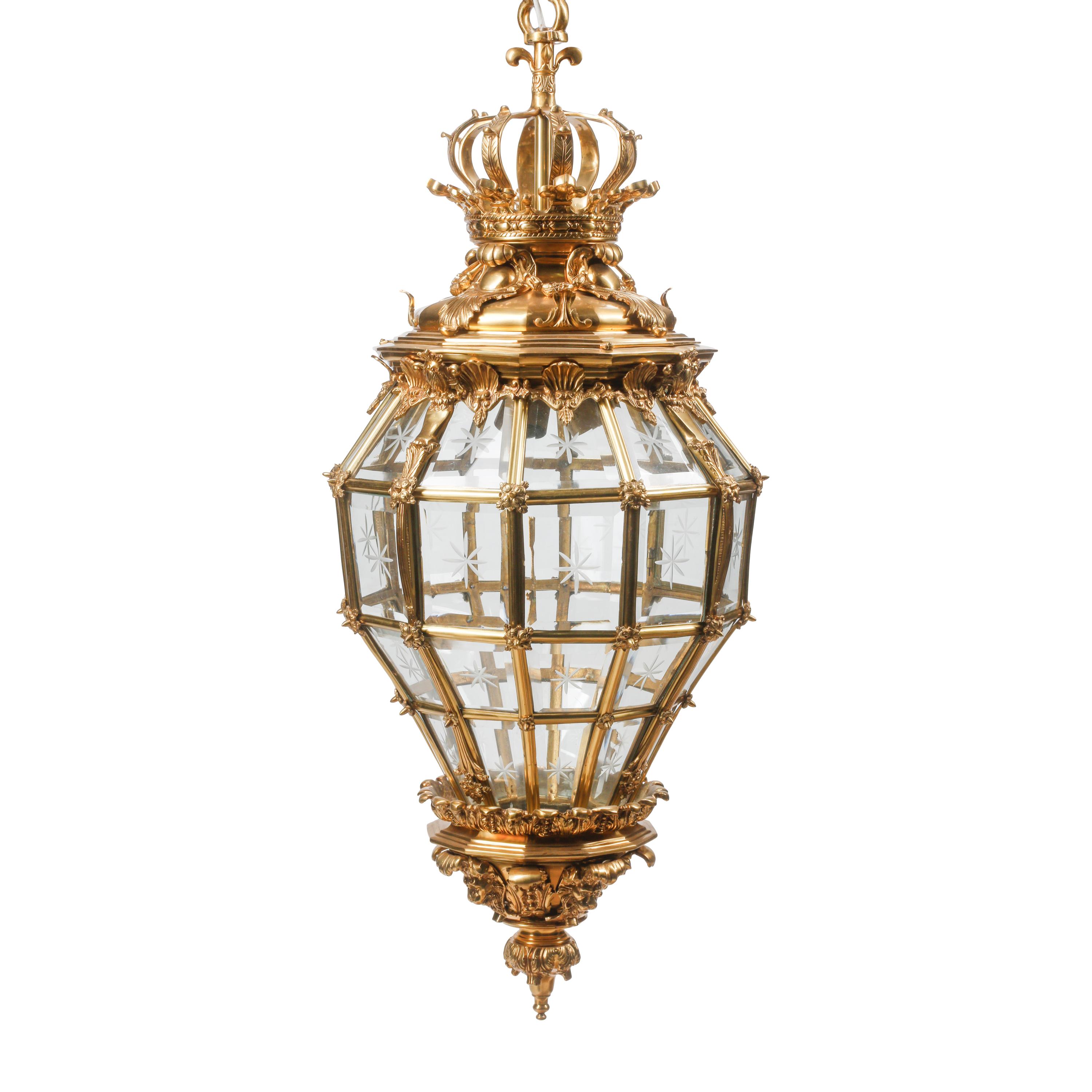 A Pair of French Neoclassical Style Gilt Bronze and Etched Glass Hall Lanterns