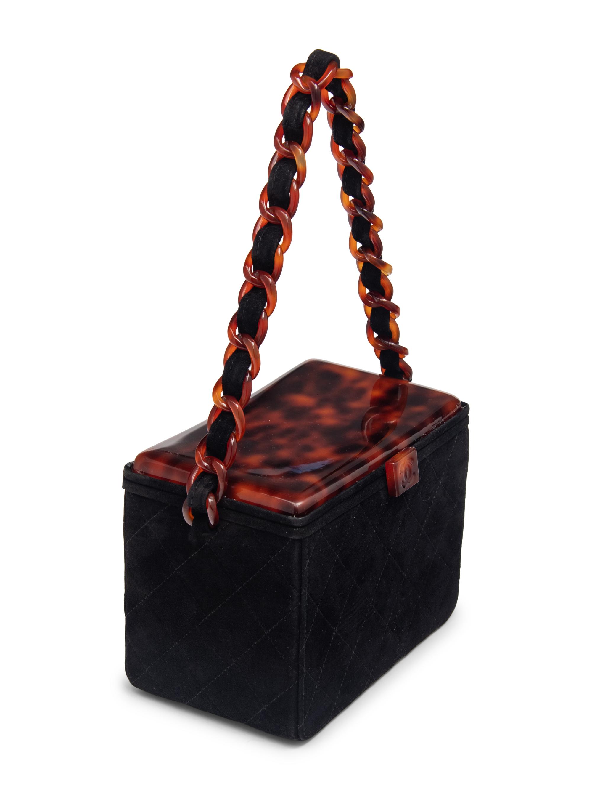 Chanel Box Bag in Black Suede with Faux Tortoiseshell Bakelite Details