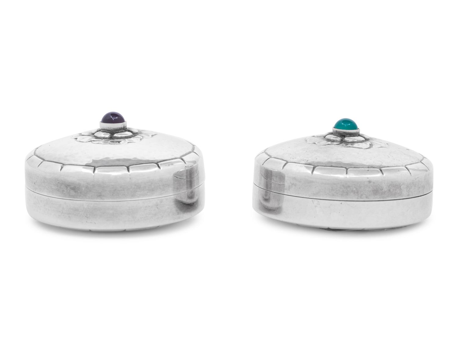 A Pair of Georg Jensen Silver and Hardstone Cabochon-Inset Pill Boxes