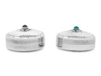 A Pair of Georg Jensen Silver and Hardstone Cabochon-Inset Pill Boxes