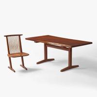 George Nakashima (American, 1905-1990) Fine Single-Board "Trestle" Dining Table and Set of Six "Conoid" Dining Chairs, New Hope, Pennsylvania, 1986-87
