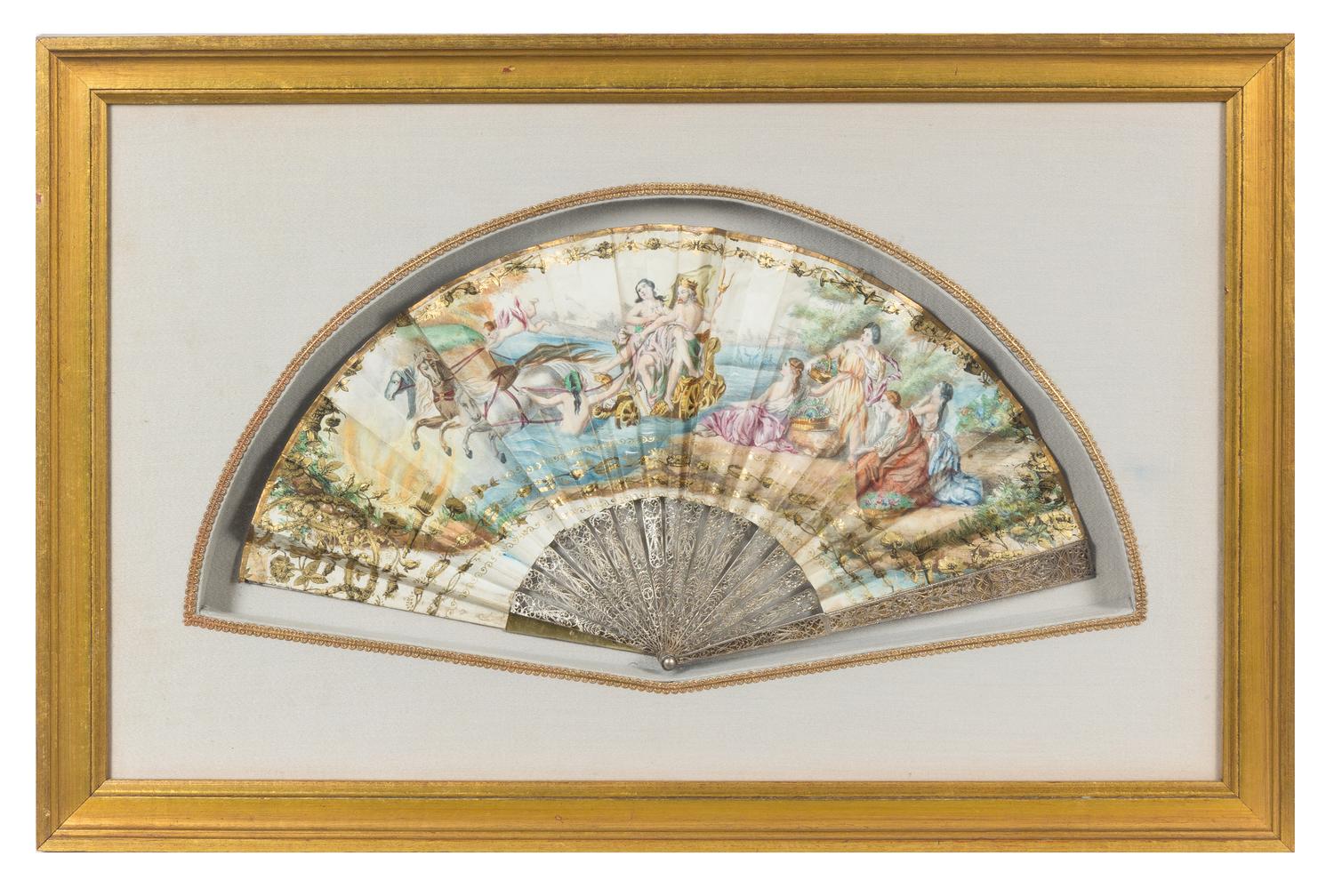 A French Silver and Painted Silk Fan Width overall 23 inches. — 19TH CENTURY