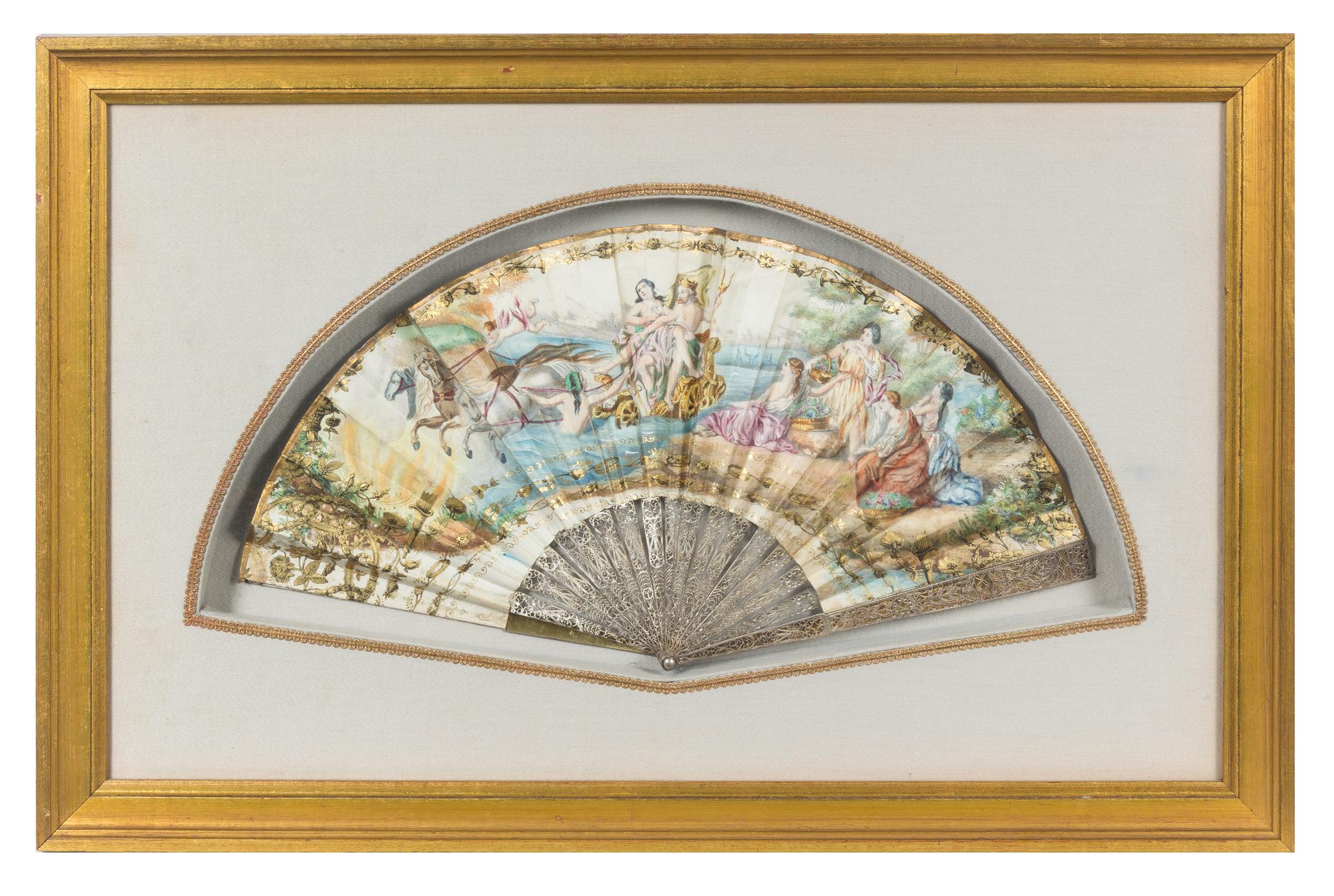 A French Silver and Painted Silk Fan Width overall 23 inches. — 19TH CENTURY