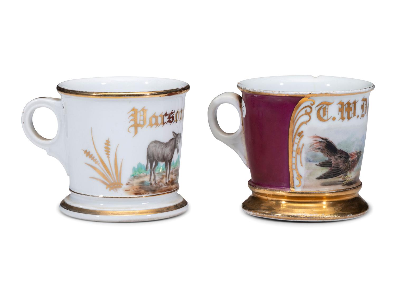 Two Porcelain Shaving Mugs of Farm Animal Interest