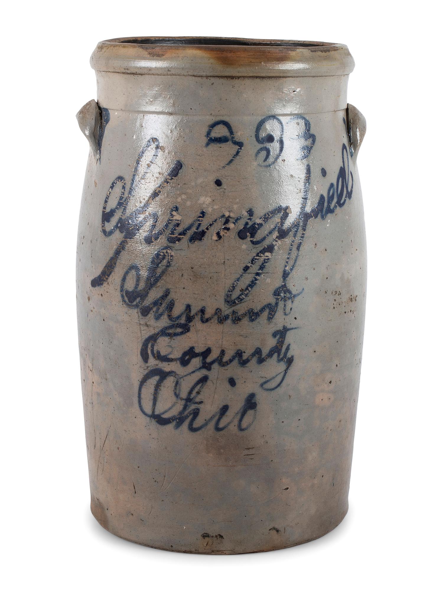 An Ohio Cobalt Decorated Three Gallon Stoneware Crock