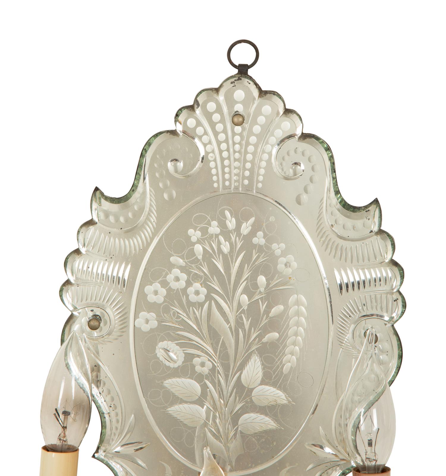 A Pair of Venetian Etched Glass and Silvered Metal Three Light Sconces