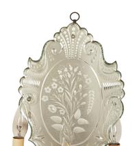 A Pair of Venetian Etched Glass and Silvered Metal Three Light Sconces