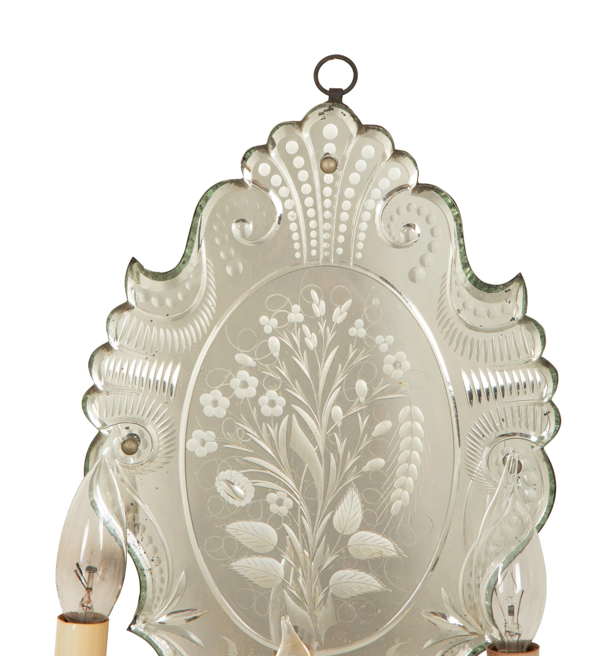 A Pair of Venetian Etched Glass and Silvered Metal Three Light Sconces