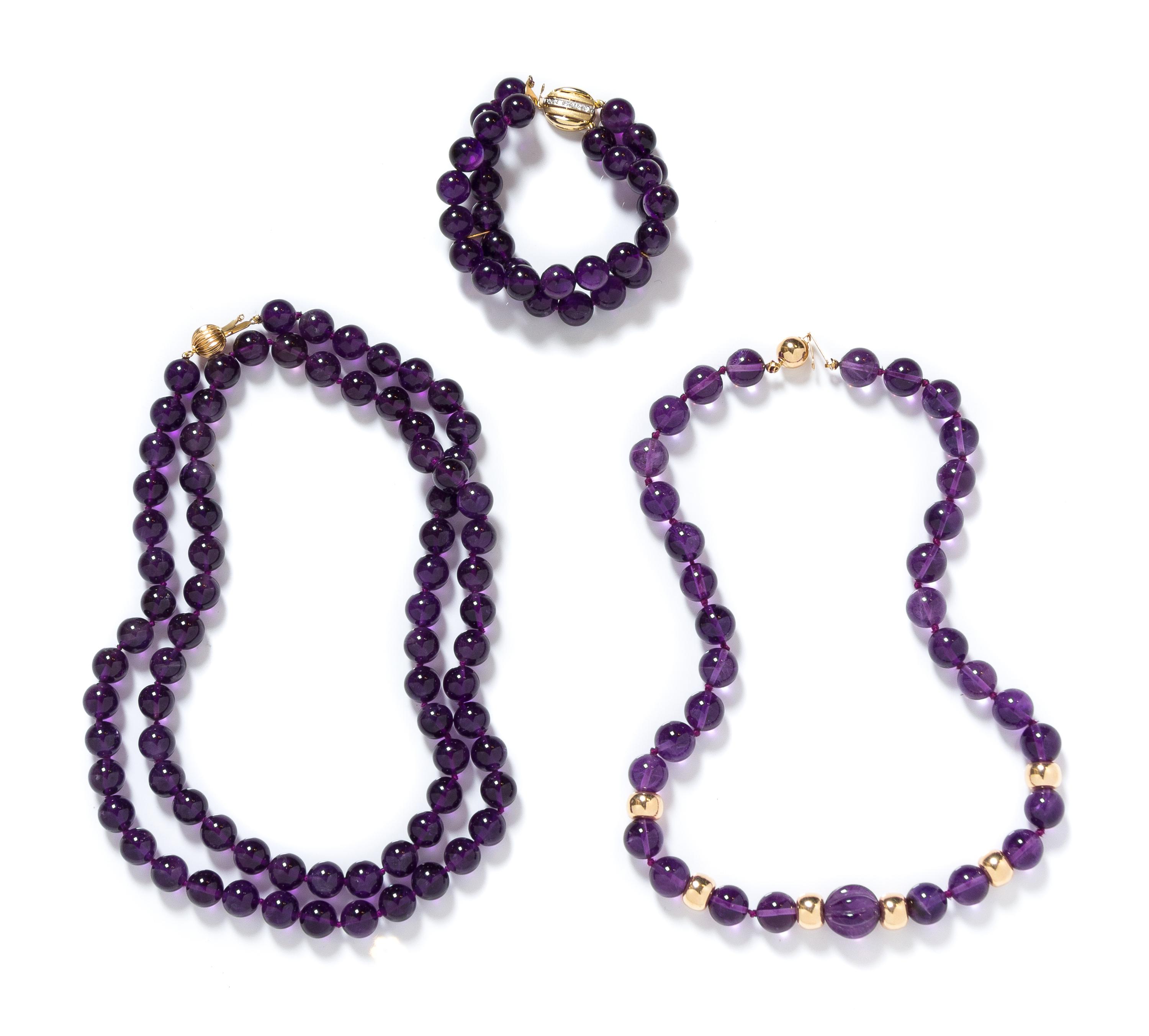 A Collection of 14 Karat Yellow Gold and Amethyst Bead Jewelry,