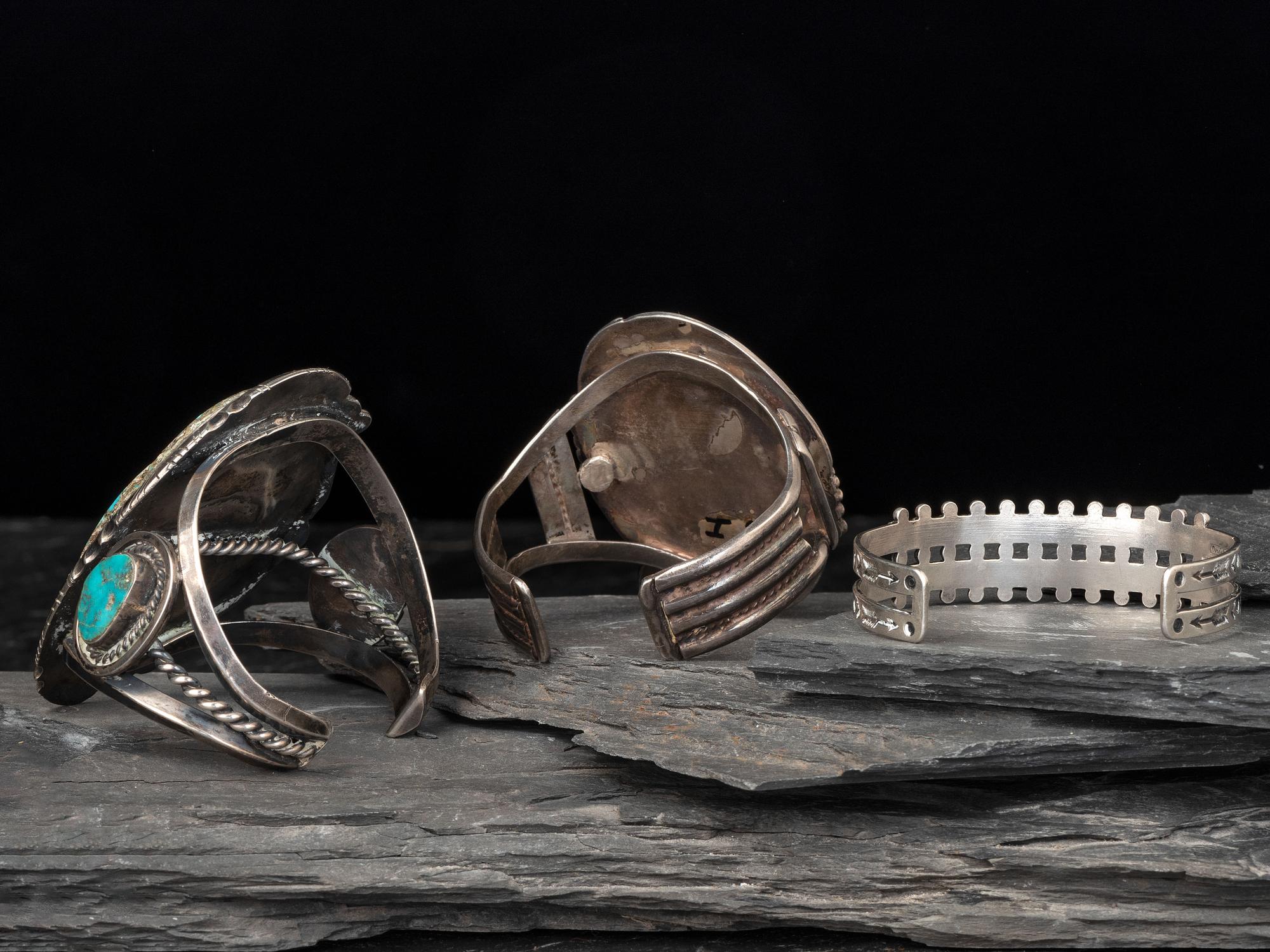 Navajo and Zuni Silver Cuff Bracelets with Inlay
