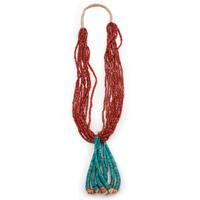 Pueblo Multi-Strand Coral Necklace, with Rolled Turquoise and Spiny Oyster Joclas