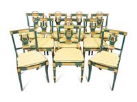 A Set of Eight Continental Green Painted and Parcel Gilt Lyre-Back Dining Chairs