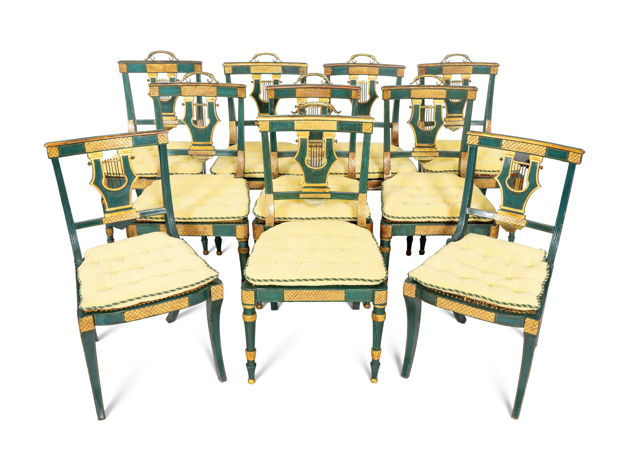 A Set of Eight Continental Green Painted and Parcel Gilt Lyre-Back Dining Chairs