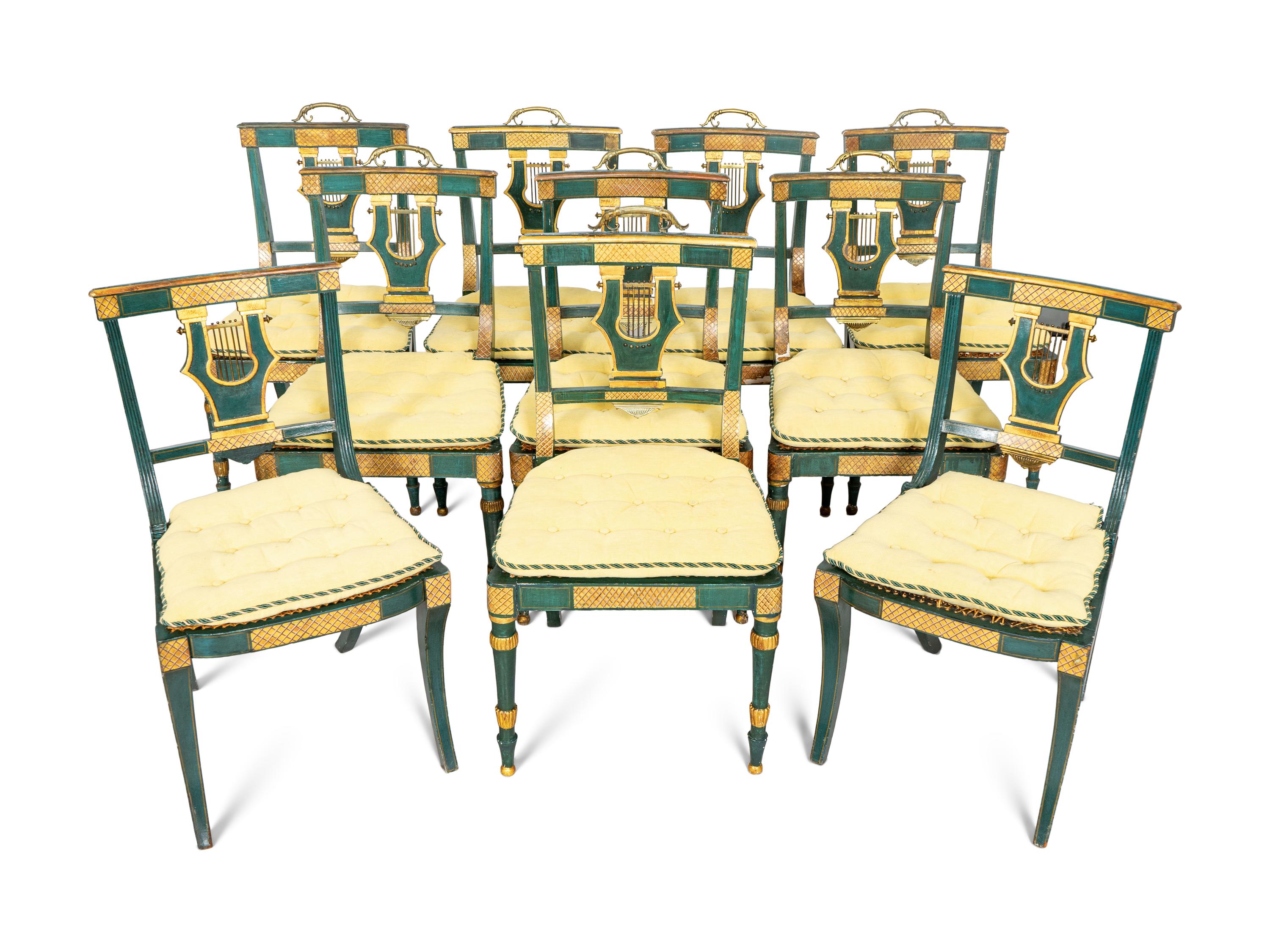 A Set of Eight Continental Green Painted and Parcel Gilt Lyre-Back Dining Chairs