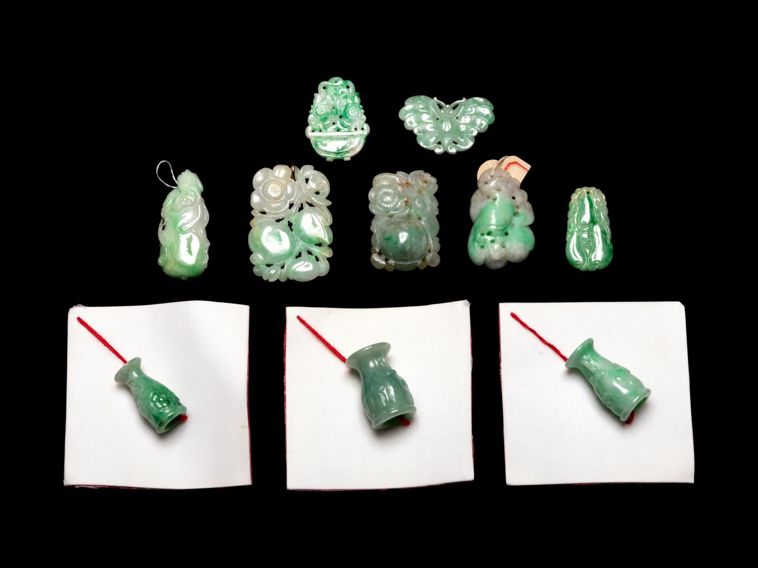 10 Chinese Apple Green and Pale Celadon Jadeite Jewelry