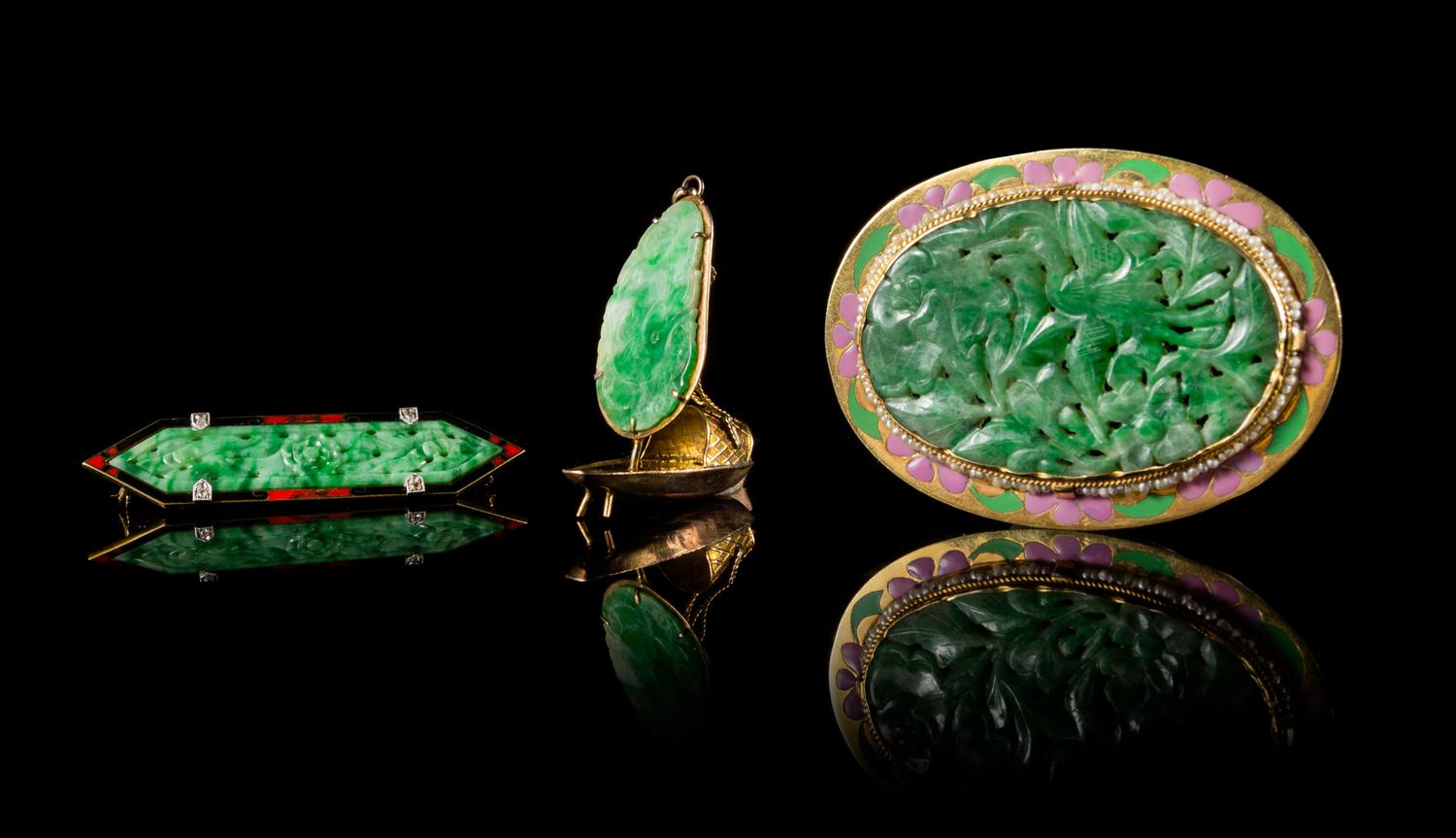 Three Jadeite and Yellow Gold Mounted Articles