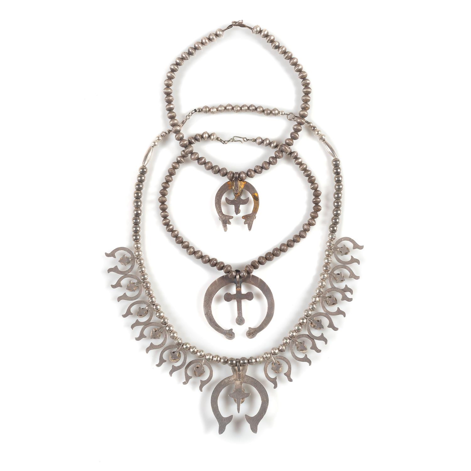 Navajo Sand Cast Silver and Turquoise Squash Blossom AND Naja Necklaces