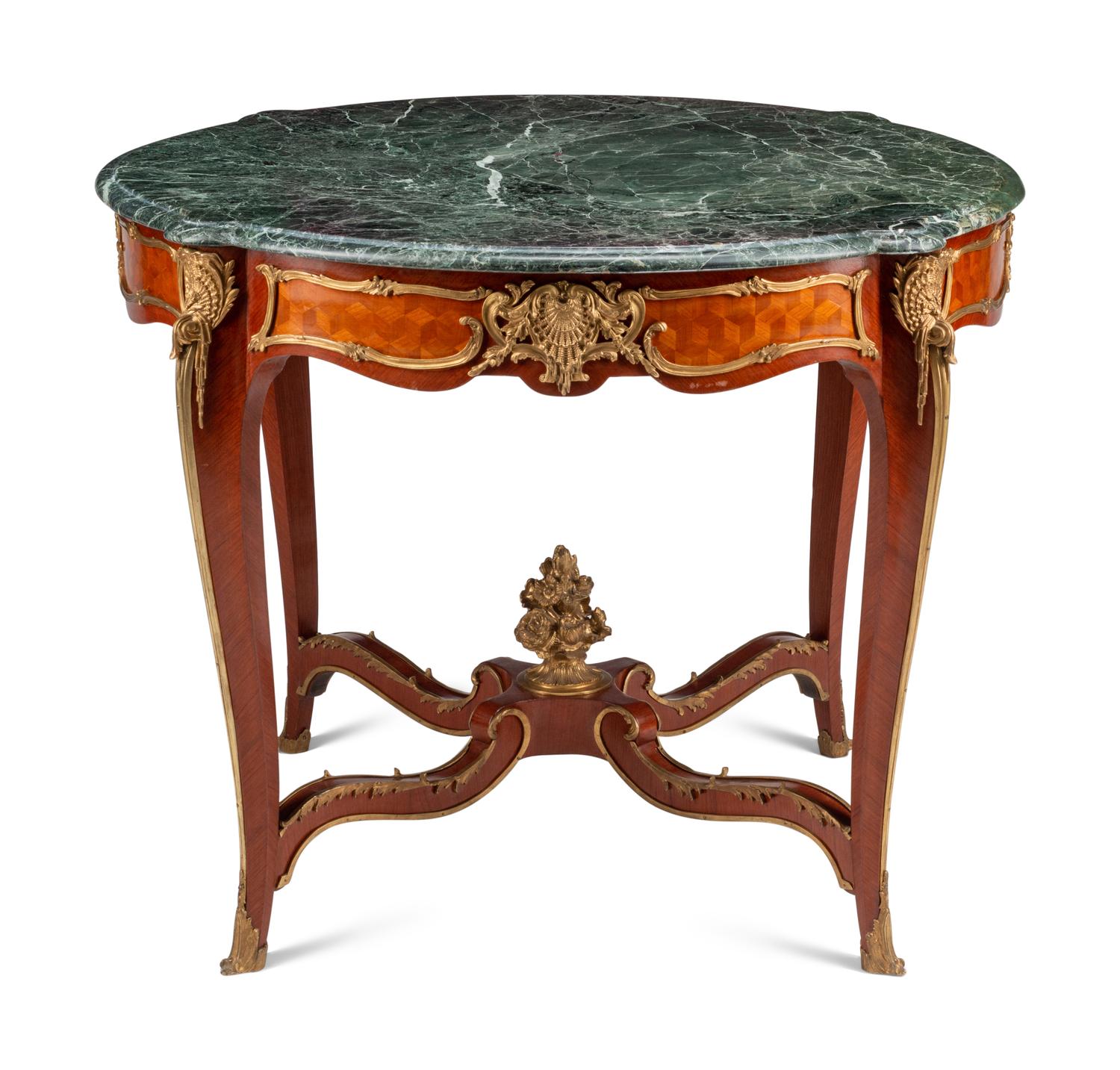 A Louis XV Style Gilt Bronze Mounted Parquetry Marble-Top Center Table