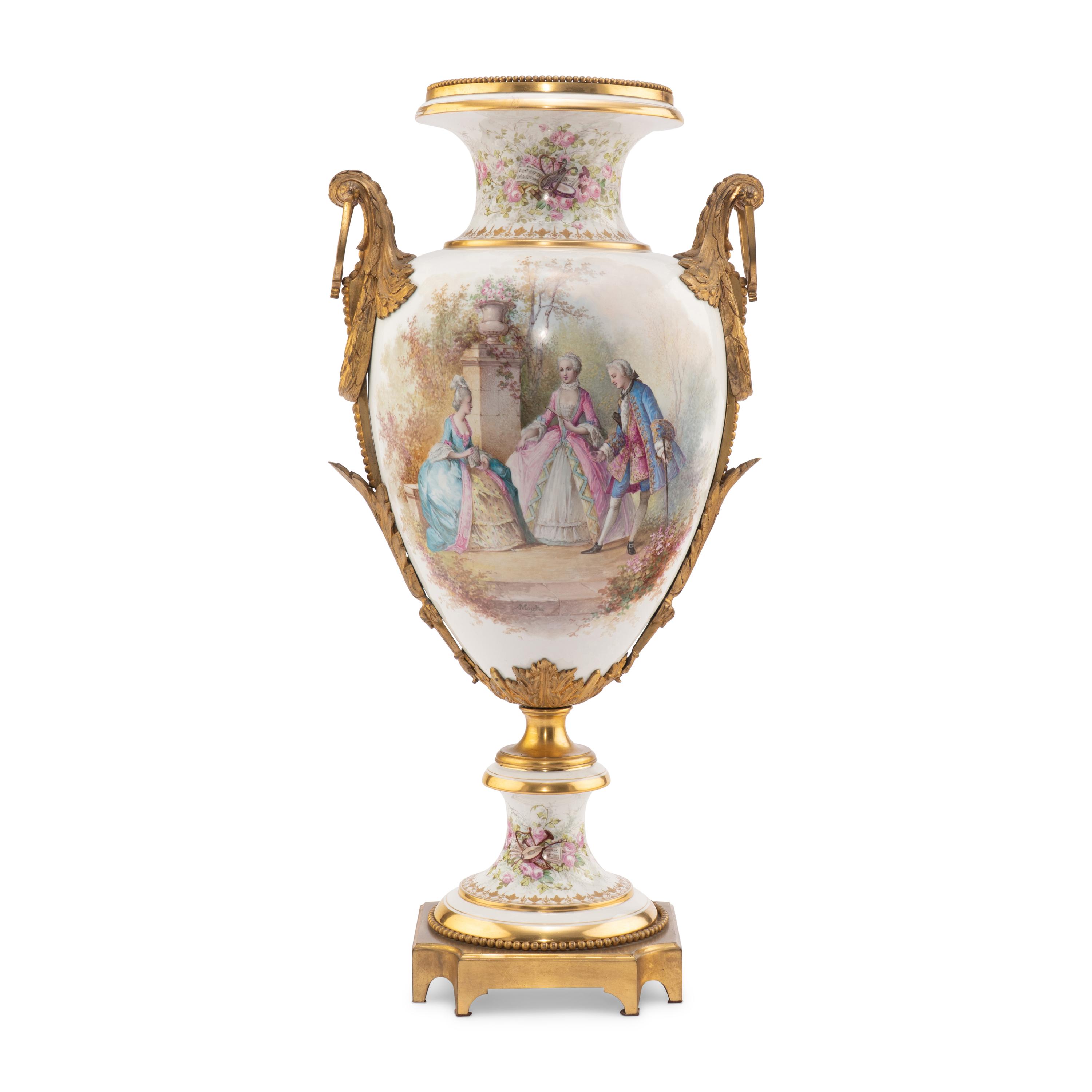 A Sèvres Style Gilt Bronze Mounted Porcelain Urn