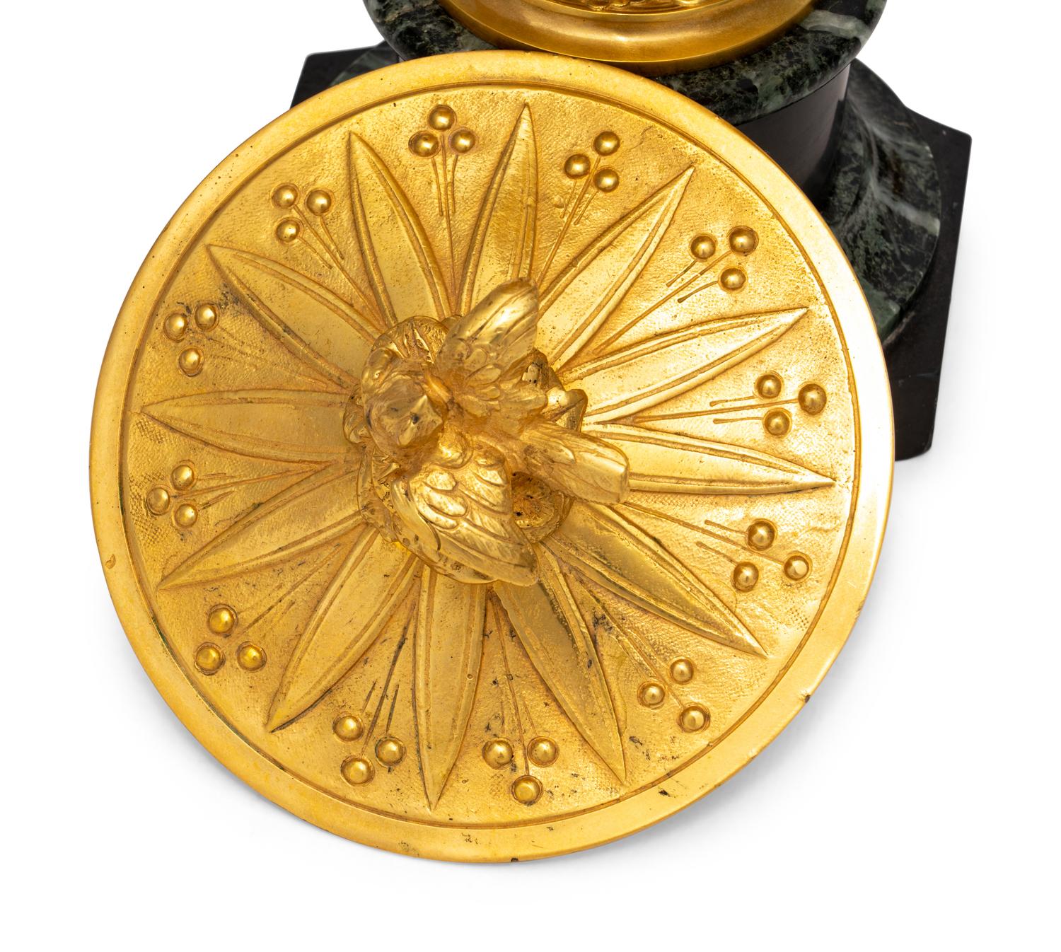 A Pair of French Gilt Bronze and Marble Urn Ornaments