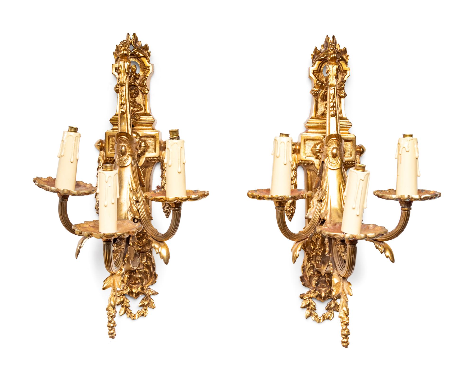 A Pair of Neoclassical Gilt Bronze Three-Light Sconces