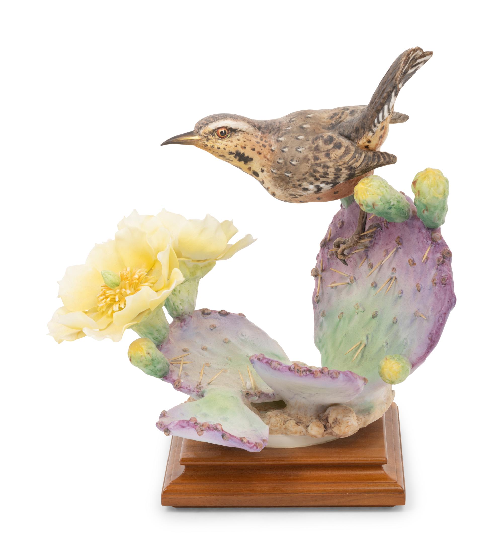 A Pair of Royal Worcester Dorothy Doughty Porcelain Cactus Wren and Prickly Pear Groups