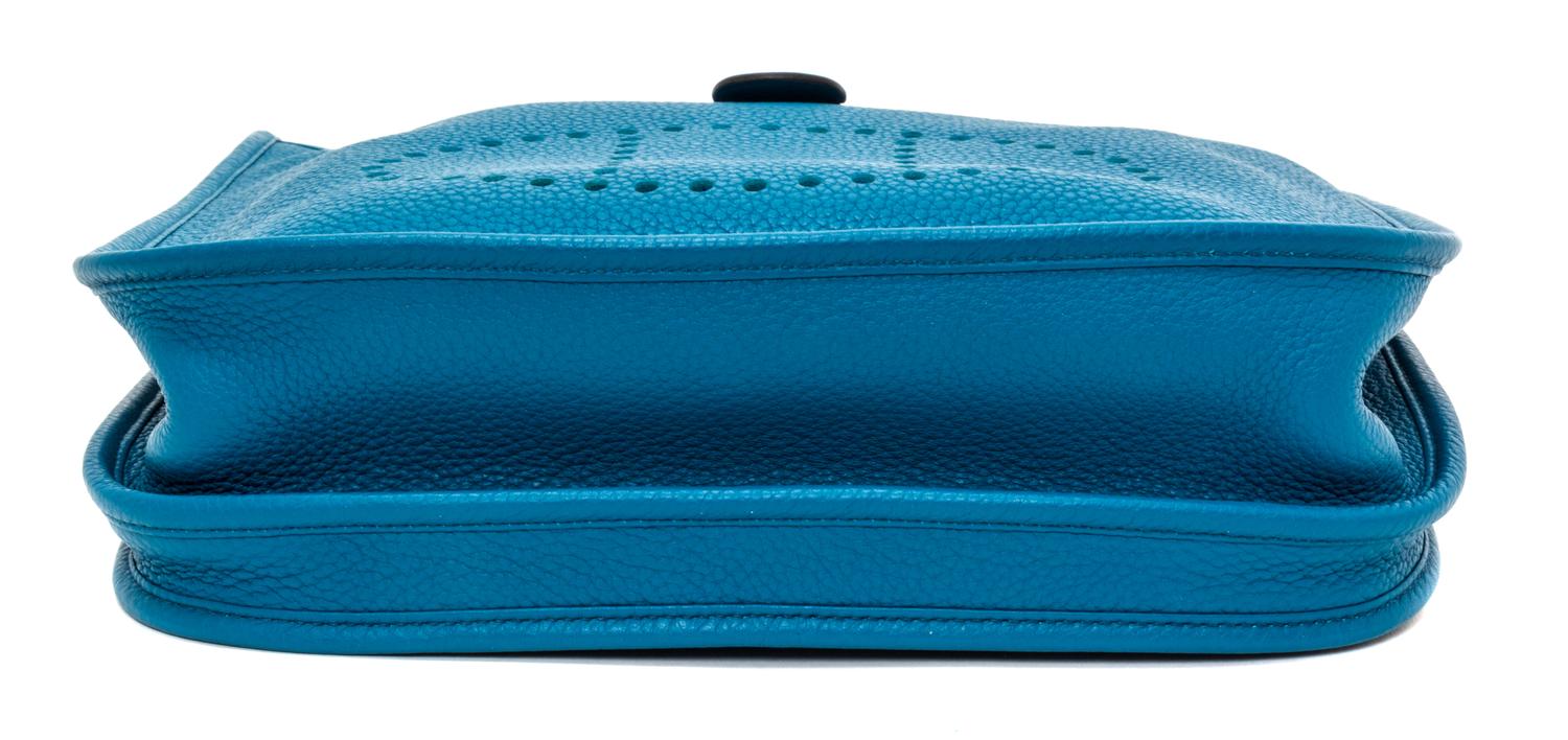 An Hermes Bleu Izmir Taurillon Clemence Evelyne III PM Handbag, 11.25" x 12" x 2.5".