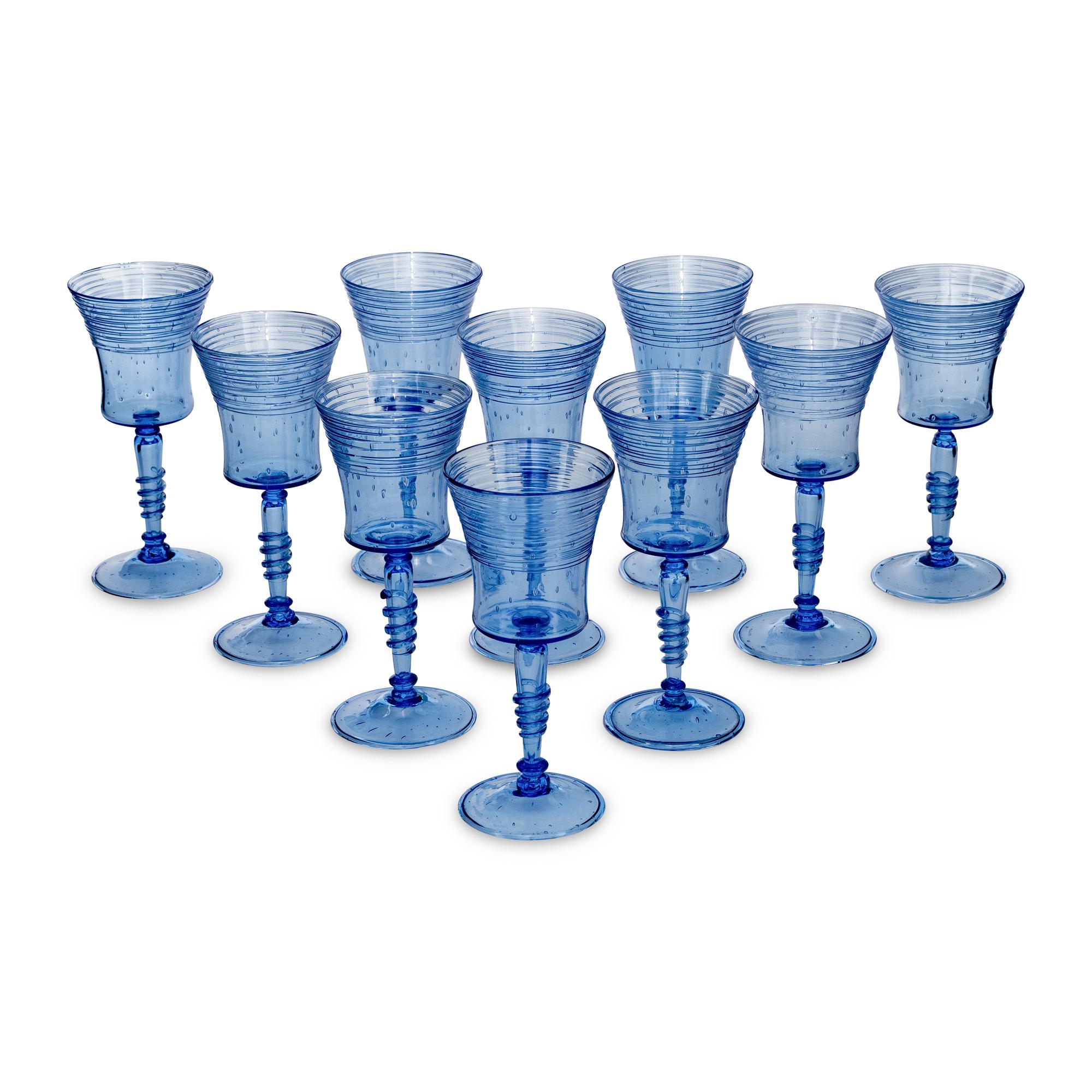 A Set of Ten Steuben Threaded Glass Wine Stems