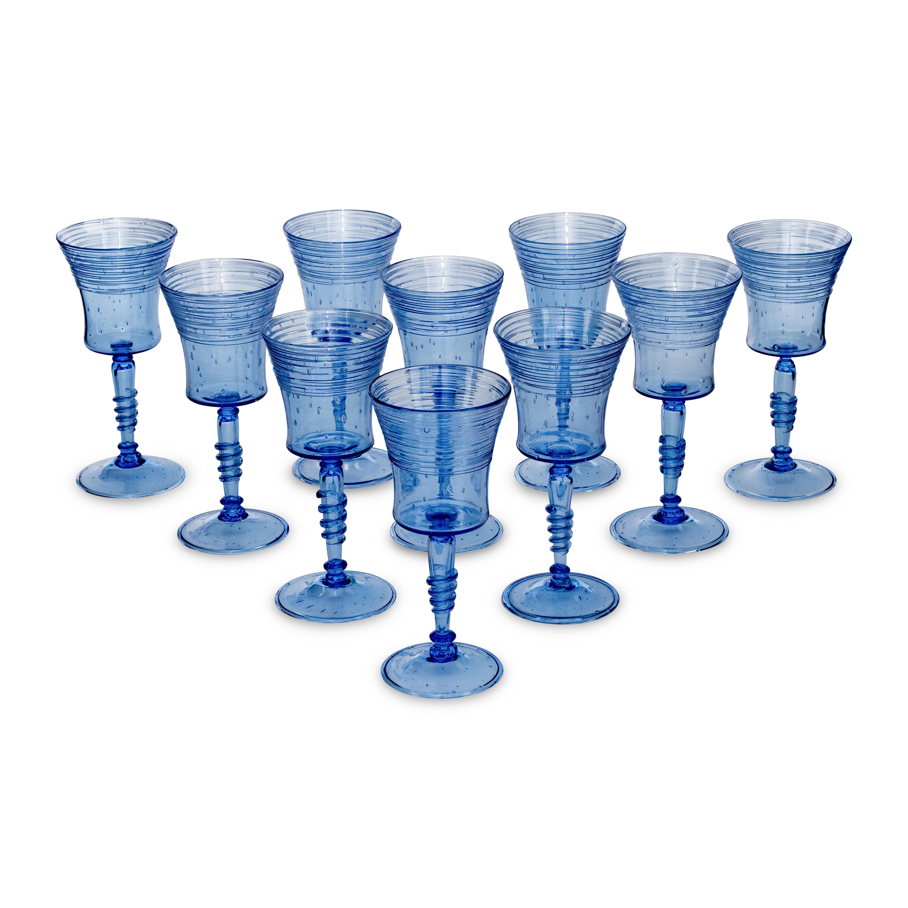 A Set of Ten Steuben Threaded Glass Wine Stems