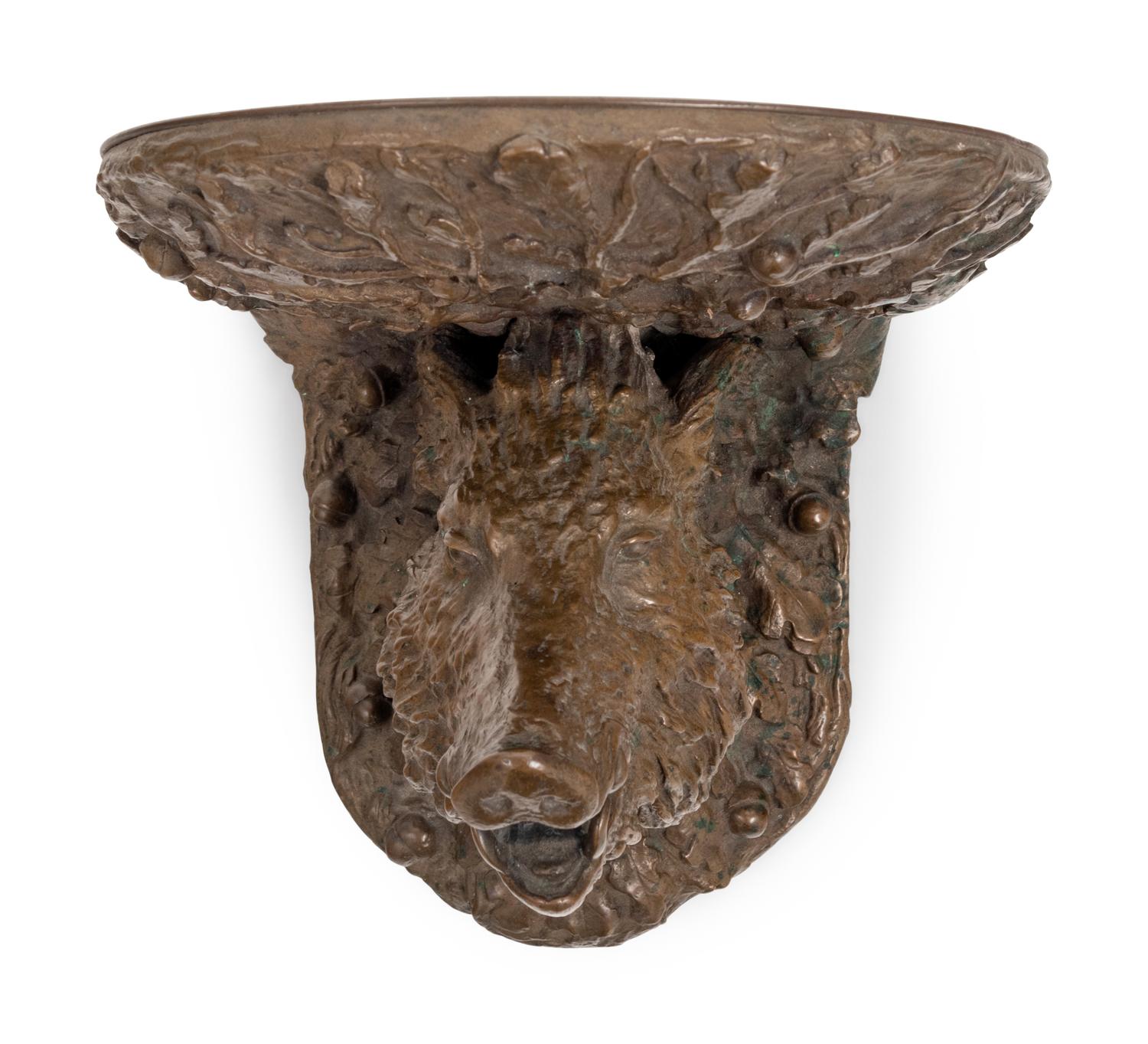 A Continental Cast Bronze Boar's Head Wall Bracket