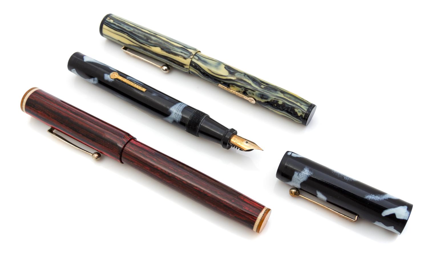 A Collection of Three Vintage Waterson Fountain Pens Length of longest 5 1/2 inches.