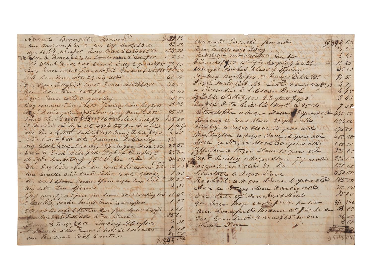 [ENSLAVEMENT & ABOLITION]. 2 estate documents listing enslaved persons, each with name and age included. Bourbon County, KY, 1833, 1854.