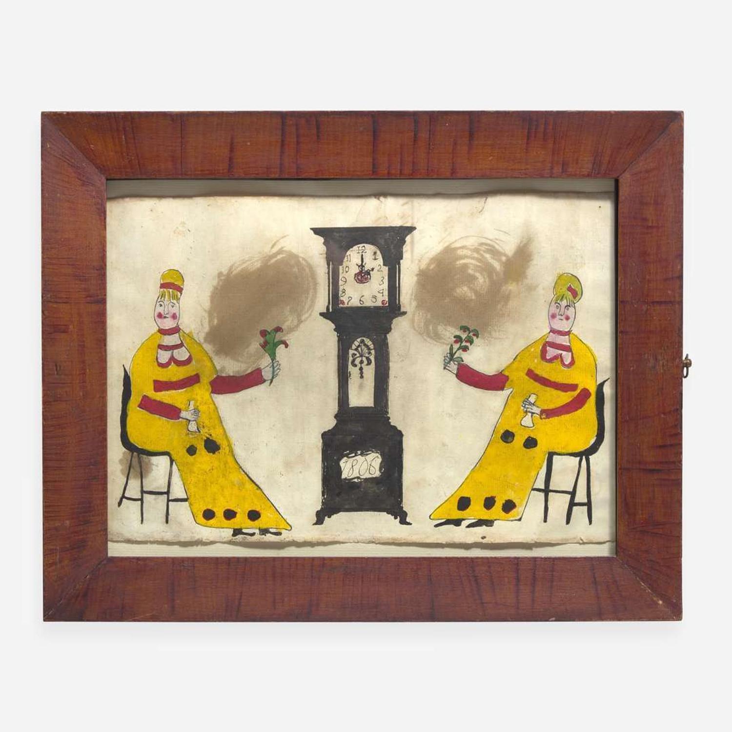 American School 19th / 20th century Two Seated Ladies with Fans Flanking a Tall Case Clock, dated "1806"