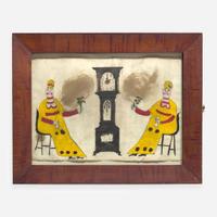 American School 19th / 20th century Two Seated Ladies with Fans Flanking a Tall Case Clock, dated "1806"
