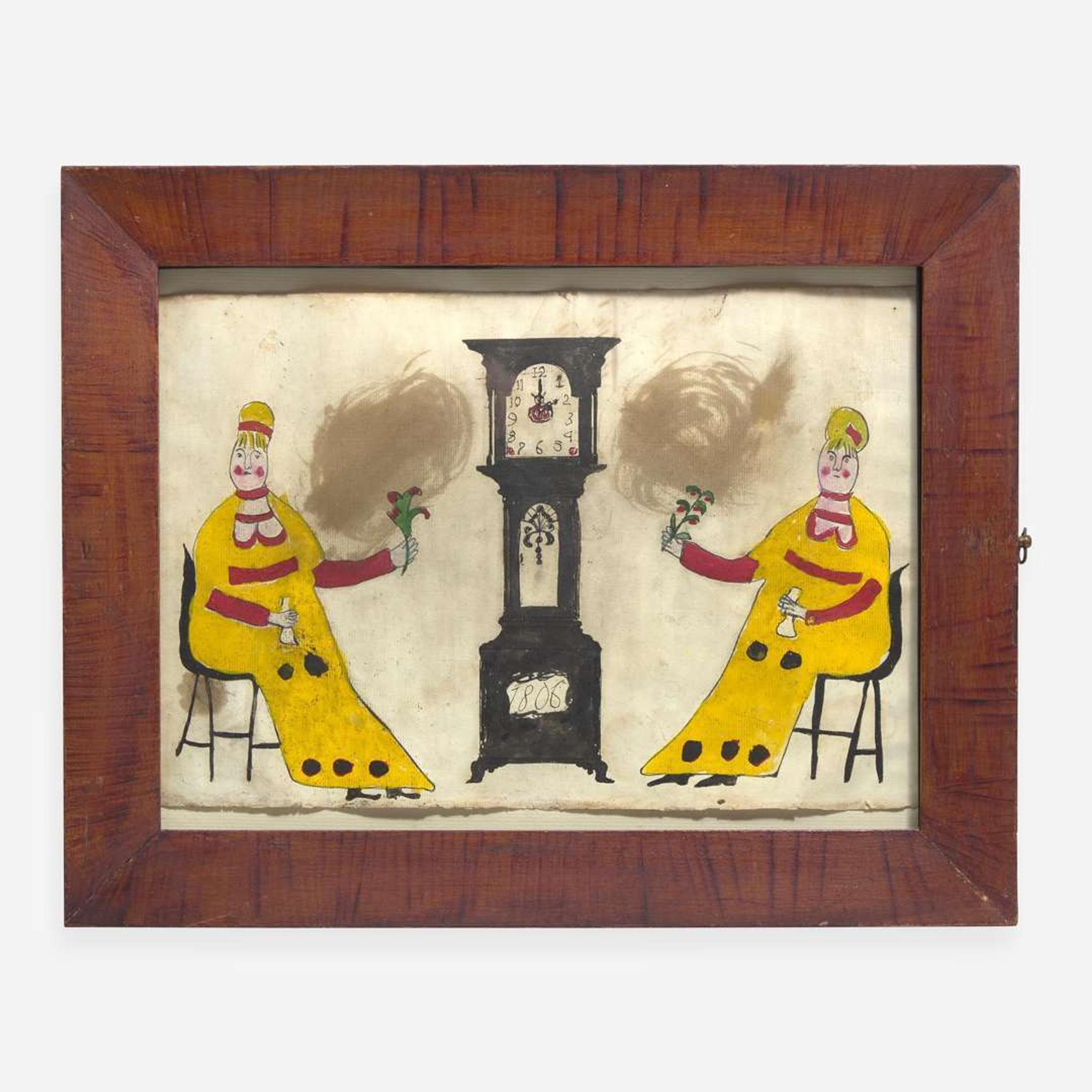 American School 19th / 20th century Two Seated Ladies with Fans Flanking a Tall Case Clock, dated "1806"