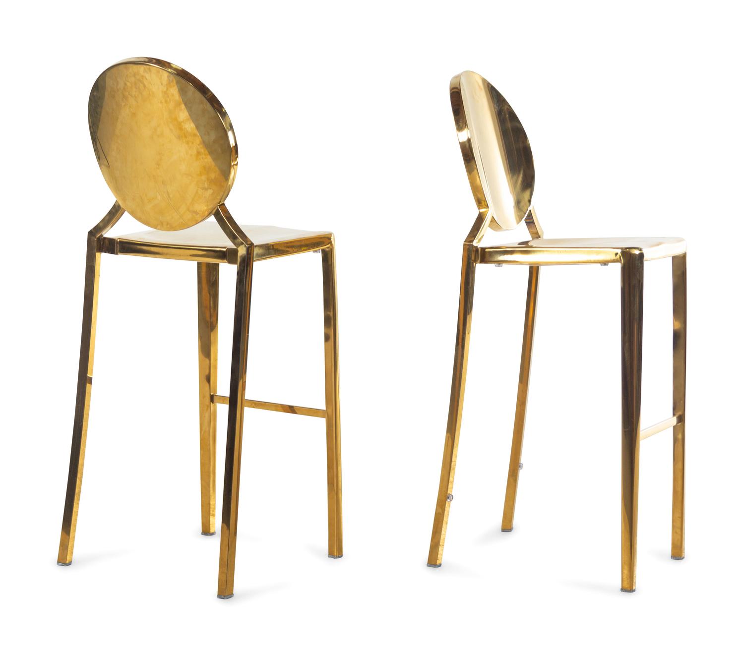 A Pair of Gilt Decorated Steel Eclipse Bar Stools