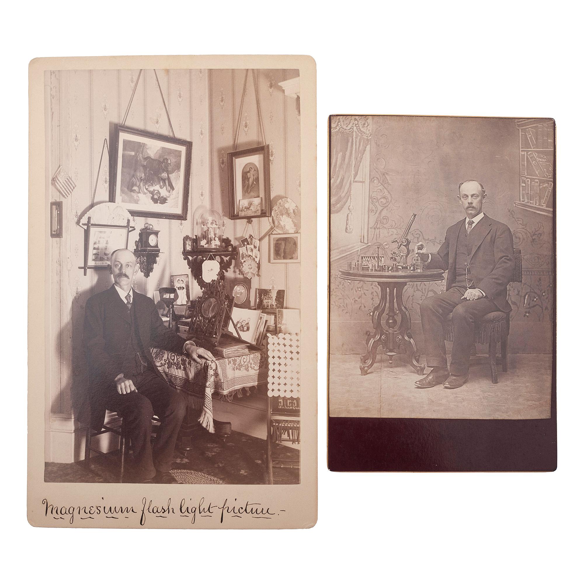[EARLY PHOTOGRAPHY]. A group of albumen and silver gelatin photographs showing early photographers, their equipment, and pioneering techniques, comprising: