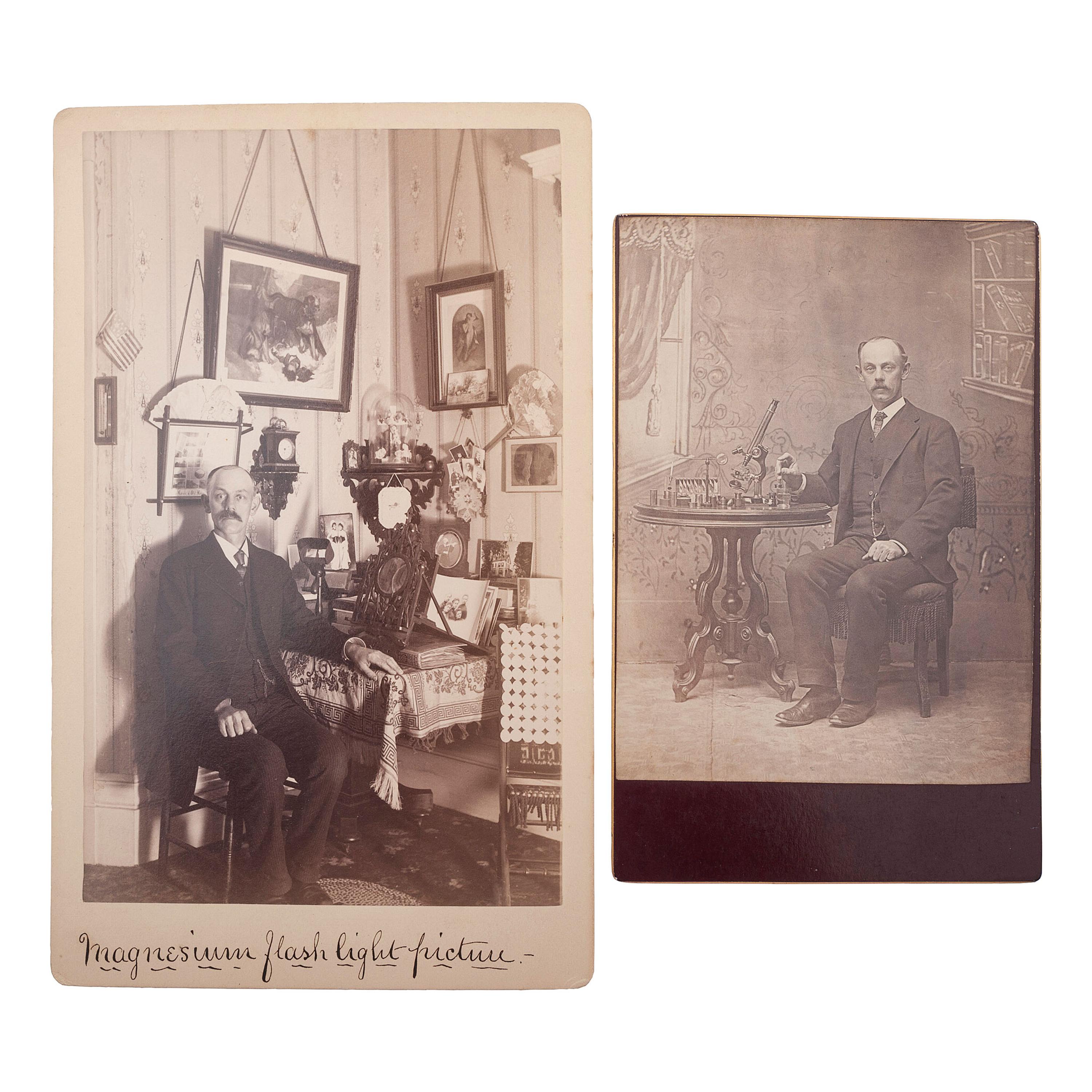 [EARLY PHOTOGRAPHY]. A group of albumen and silver gelatin photographs showing early photographers, their equipment, and pioneering techniques, comprising: