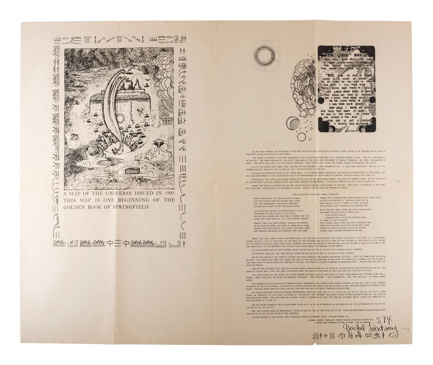 LINDSAY, Vachel (1879-1931). A Map of the Universe Issued in 1909. This Map is One Beginning of the Golden Book of Springfield. 2nd Edition, Spokane [WA], 1926.