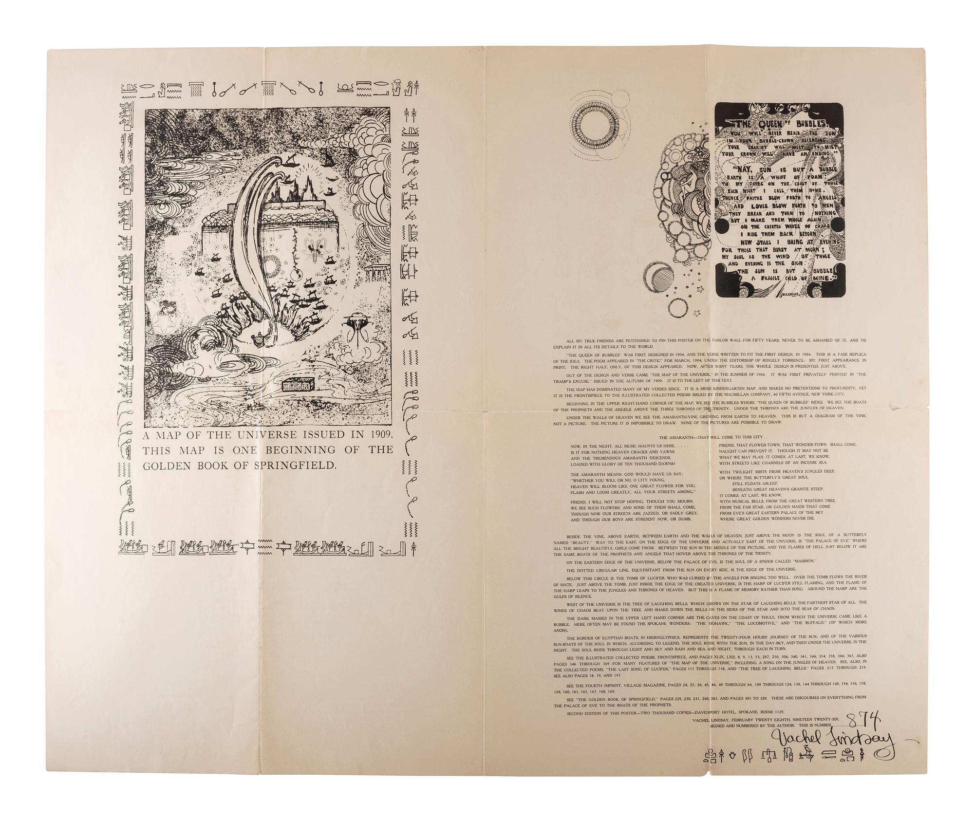 LINDSAY, Vachel (1879-1931). A Map of the Universe Issued in 1909. This Map is One Beginning of the Golden Book of Springfield. 2nd Edition, Spokane [WA], 1926.