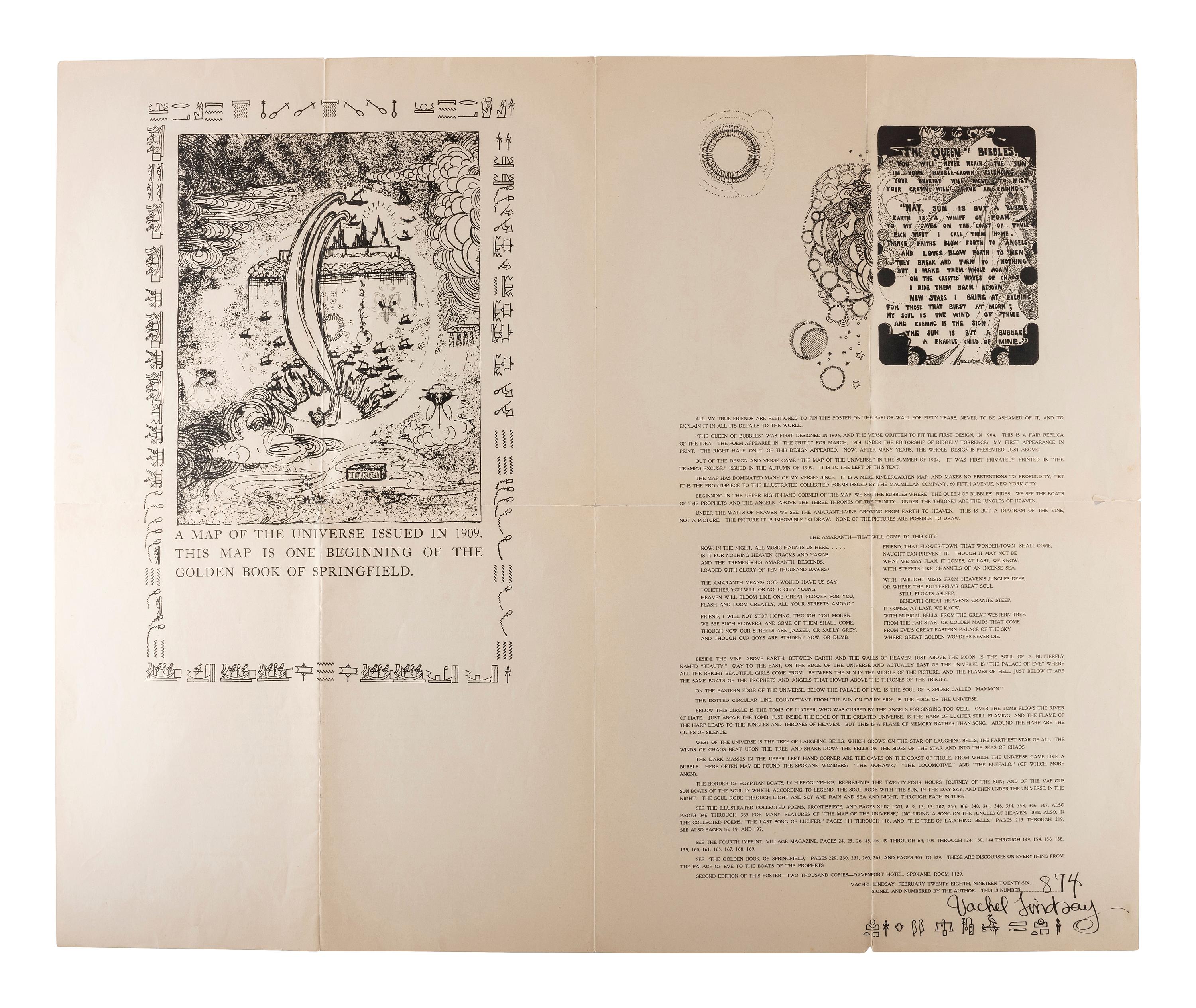 LINDSAY, Vachel (1879-1931). A Map of the Universe Issued in 1909. This Map is One Beginning of the Golden Book of Springfield. 2nd Edition, Spokane [WA], 1926.