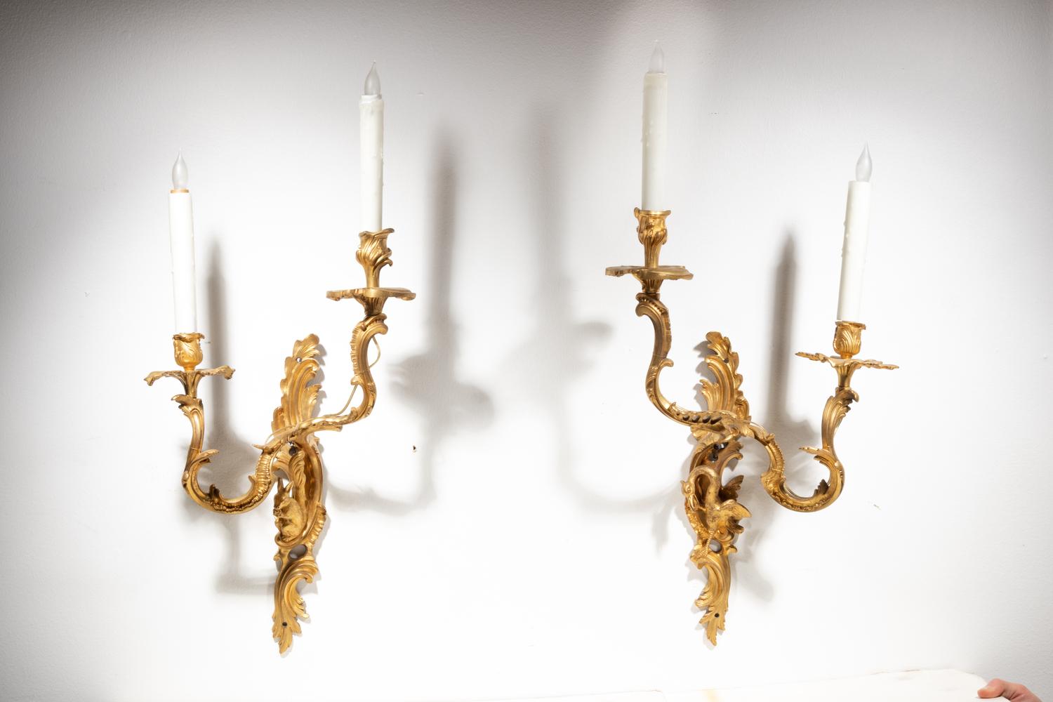 A Pair of Louis XV Style Gilt Bronze Wall Lights with a Rabbit and a Goose