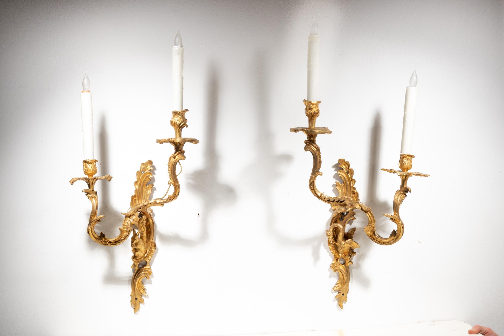 A Pair of Louis XV Style Gilt Bronze Wall Lights with a Rabbit and a Goose