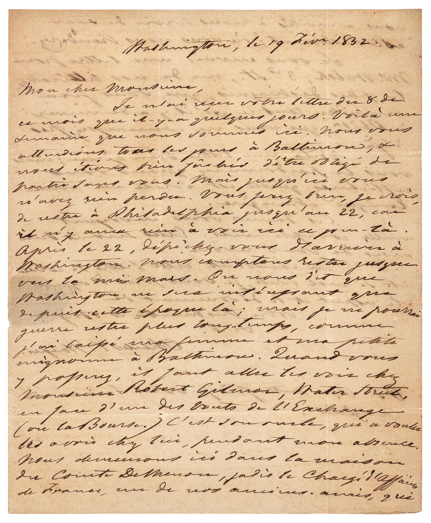 CARROLL, Charles, of Carrollton (1737-1832), signer (Maryland). Autograph free frank ("free Charles Carroll"), on integral cover sheet addressed in a different hand, to "Mous. Nicollet / 154, South 2nd Street. / Philadelphia." 241 x 199 mm, remains of red wax seal, paper loss from wax seal.