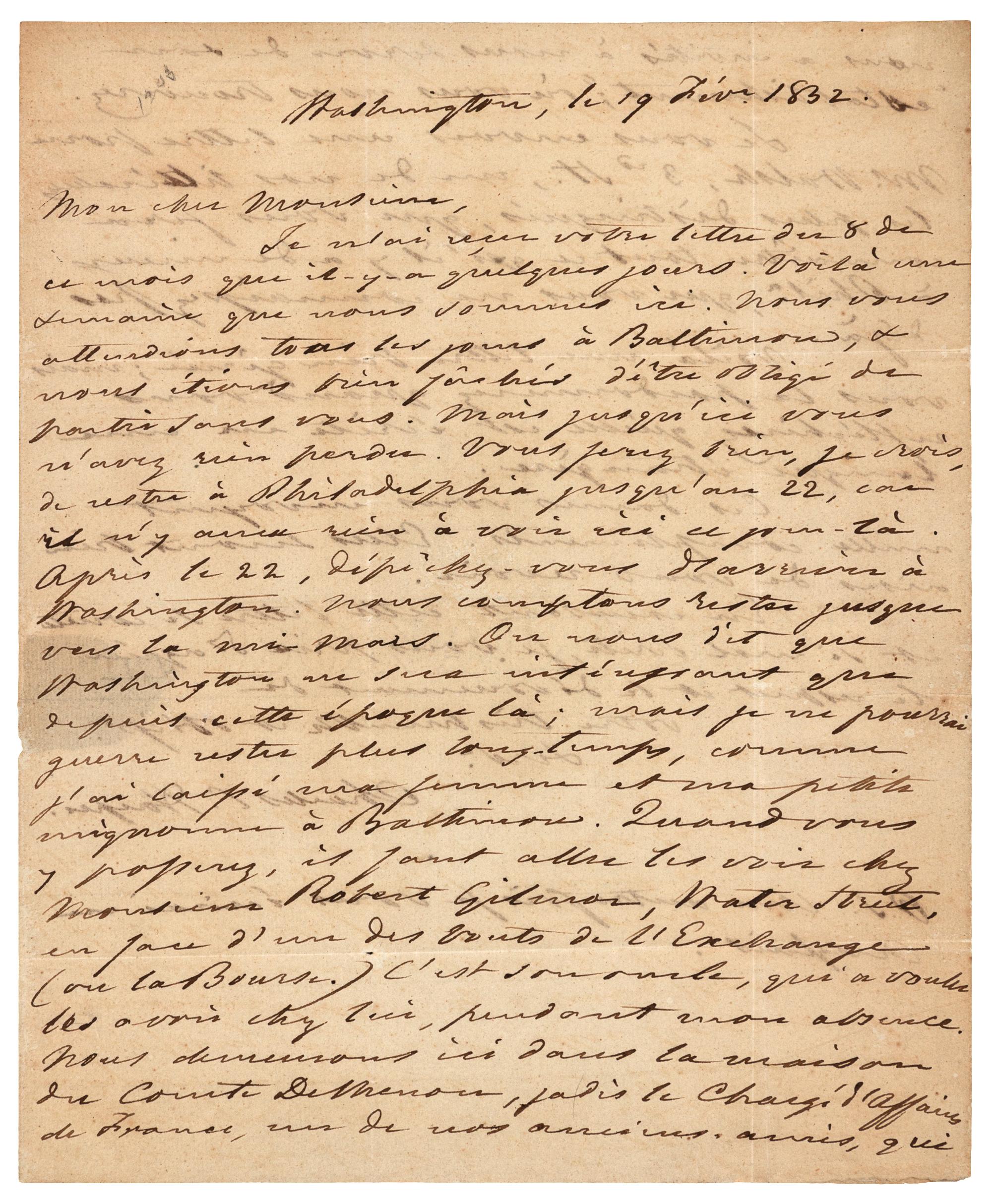 CARROLL, Charles, of Carrollton (1737-1832), signer (Maryland). Autograph free frank ("free Charles Carroll"), on integral cover sheet addressed in a different hand, to "Mous. Nicollet / 154, South 2nd Street. / Philadelphia." 241 x 199 mm, remains of red wax seal, paper loss from wax seal.