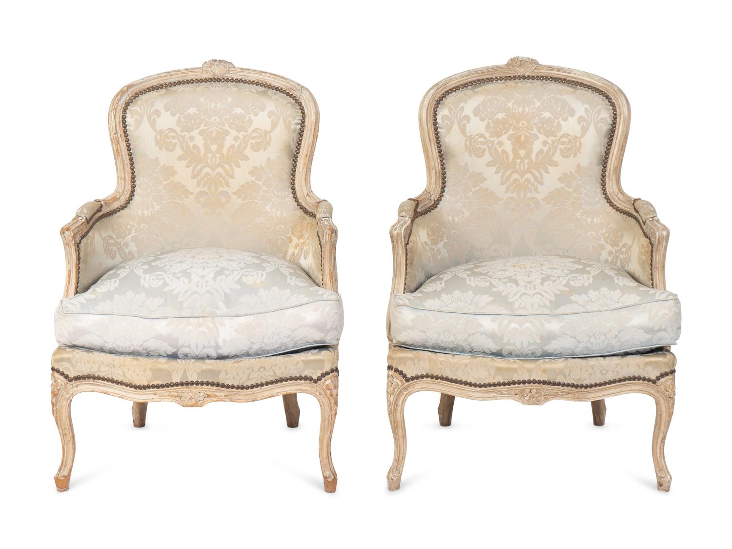 A Pair of Louis XV Grey-Painted Bergères of Small Size — 18tTH/19TH CENTURY